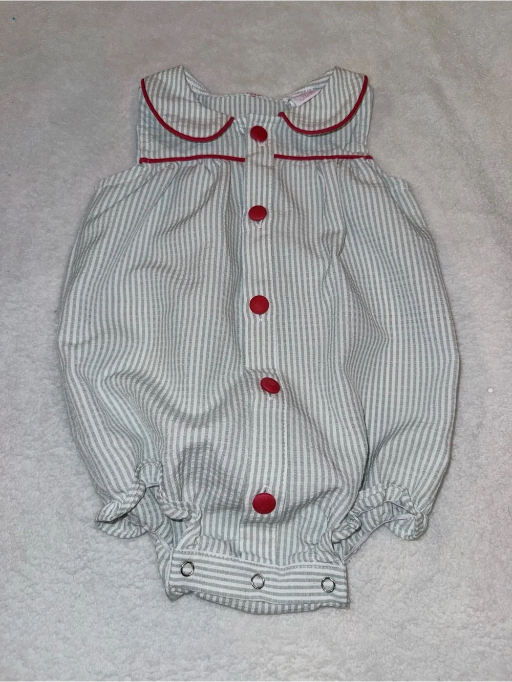 Stitchy Fish green seersucker bubble with red button accents, size 9 mo